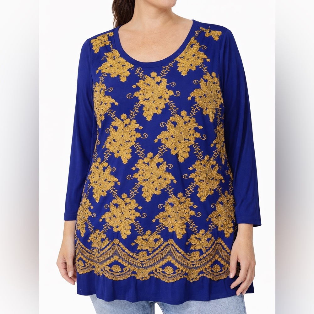 LOGO Lavish Lori Goldstein Long Sleeve Tunic Top Embroidered Lace Overlay